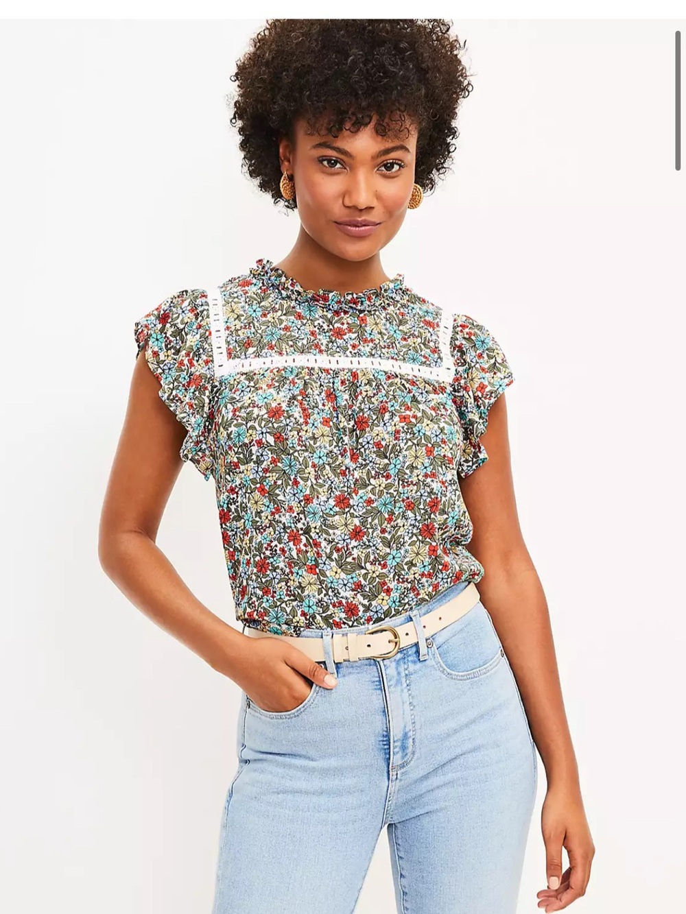 **NWT** LOFT Multicolor Floral Smocked Yoke Ruffle Sleeve Blouse Medium